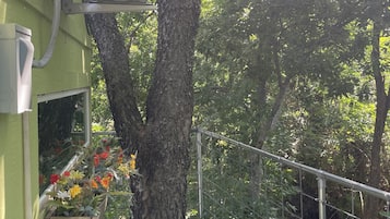Un balcón con una jardinera de madera con flores, baranda de metal y un árbol.