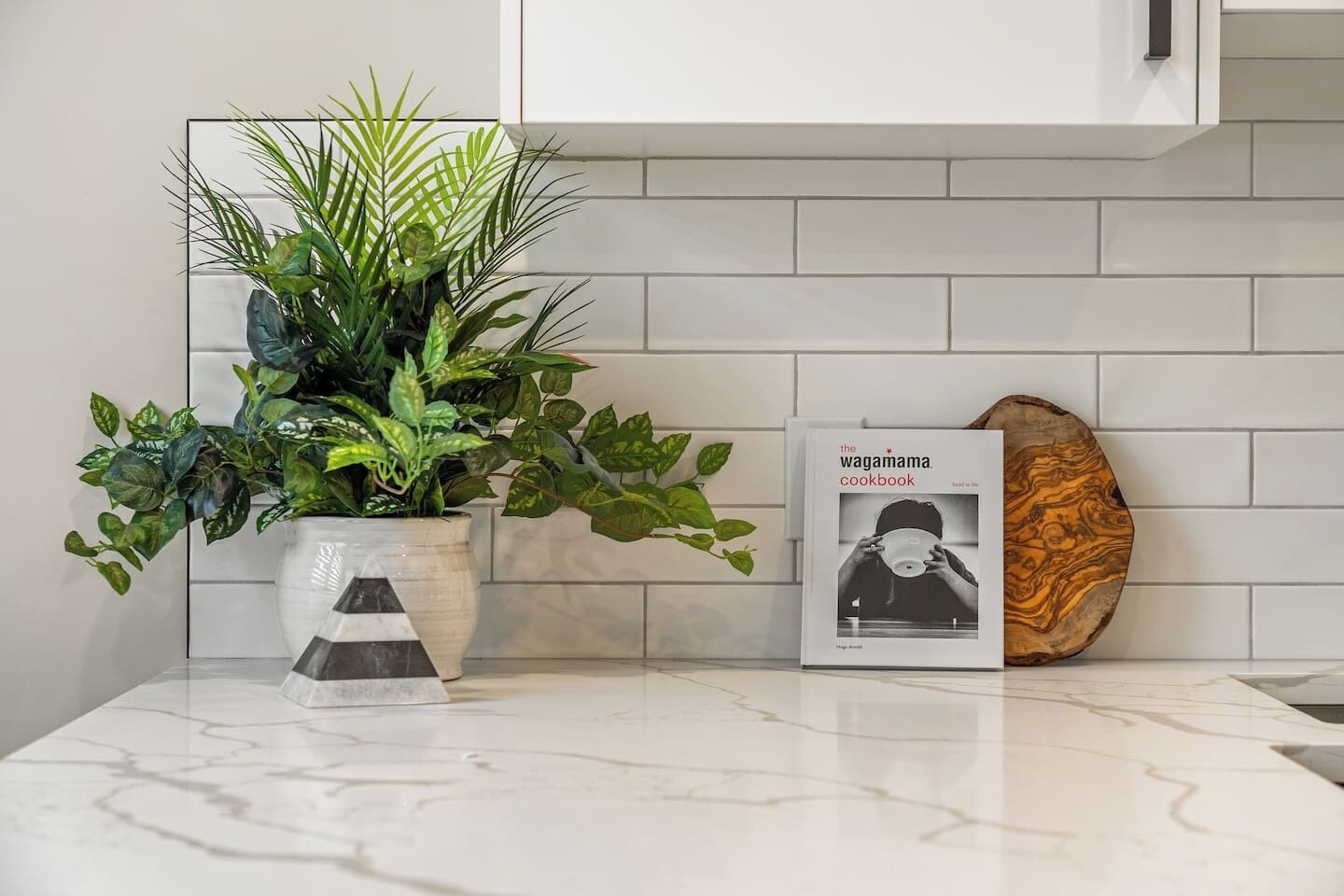 Un comptoir de cuisine agrémenté d’une plante en pot, d’un livre de recettes et d’un objet décoratif en bois.