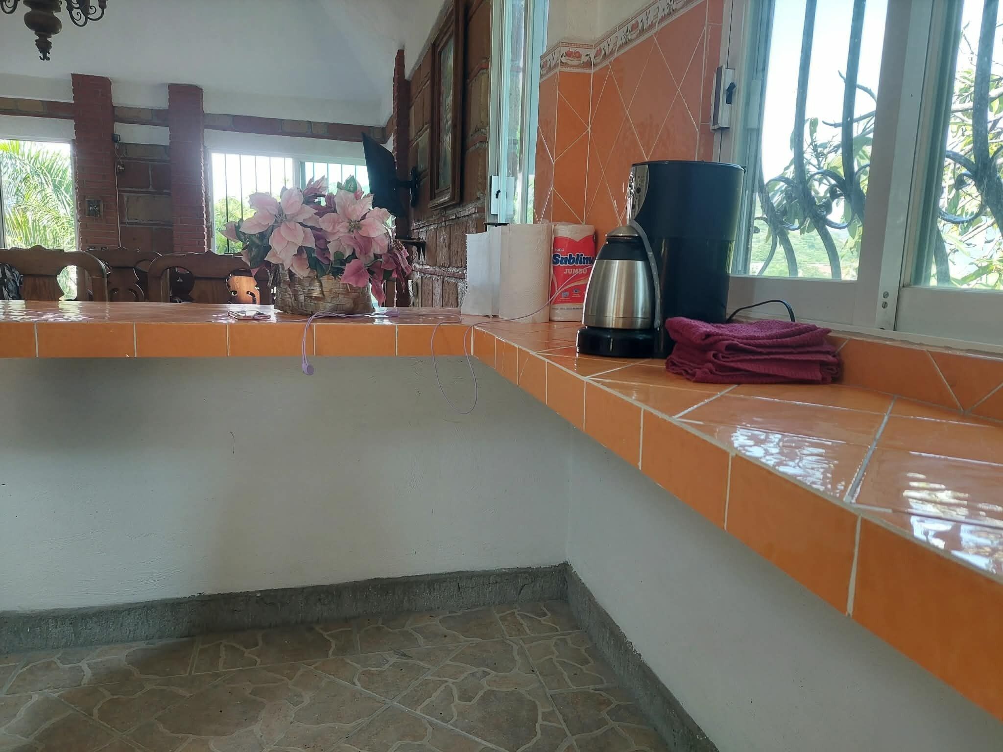 A kitchen with a tiled countertop, a coffee maker, and a window with a view of greenery.