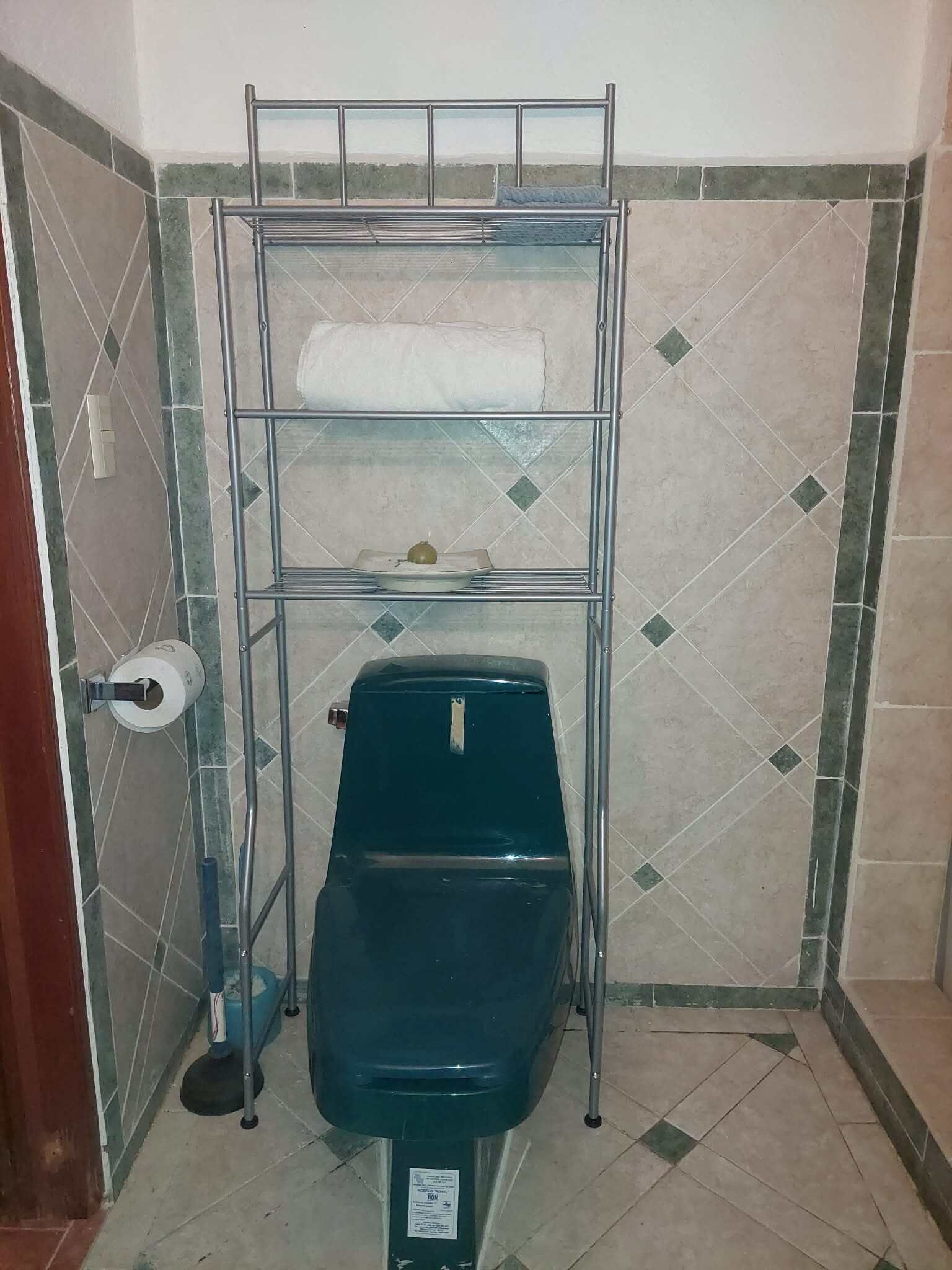 Casa de banho com sanita, uma prateleira de metal e rolo de papel higiénico.