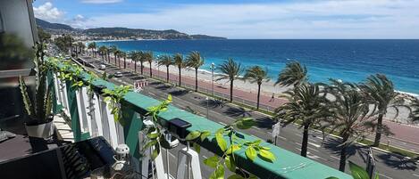 A balcony with a view of the sea, a street with parked cars, and a row of palm trees.