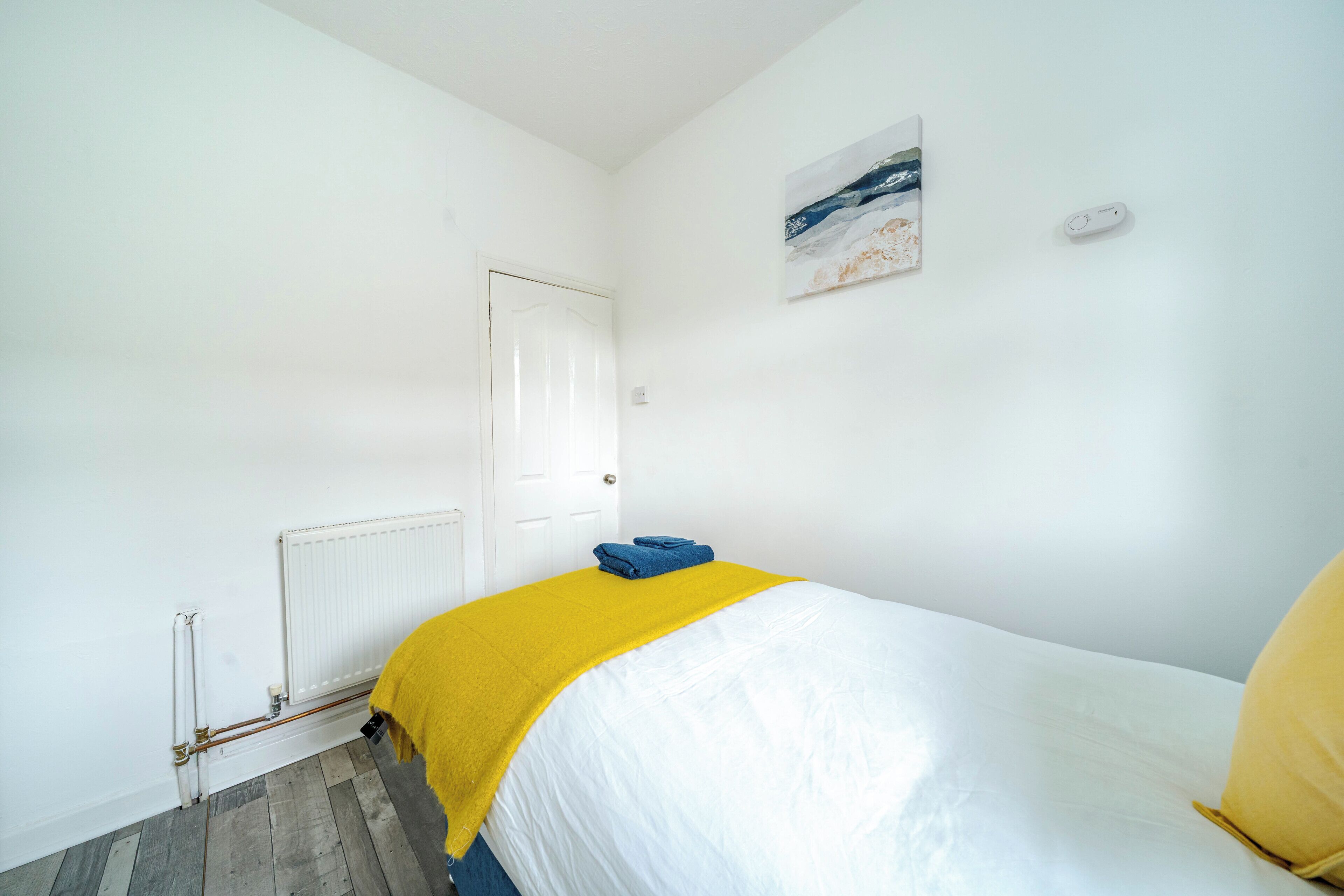 A bedroom with a bed, a radiator, a door, and a painting on the wall.
