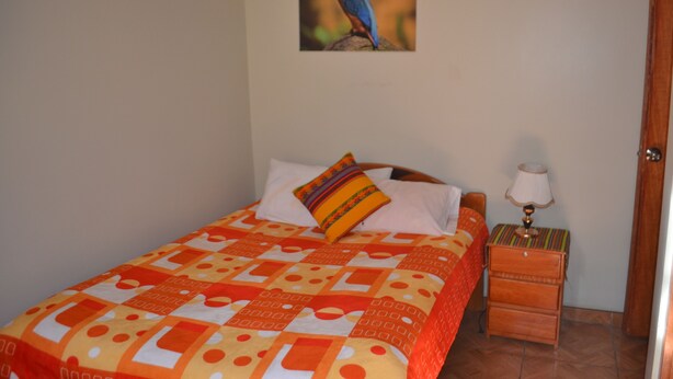 Une chambre à coucher avec un lit, des oreillers, une table de chevet, une lampe et un tableau représentant un oiseau, accroché au mur.