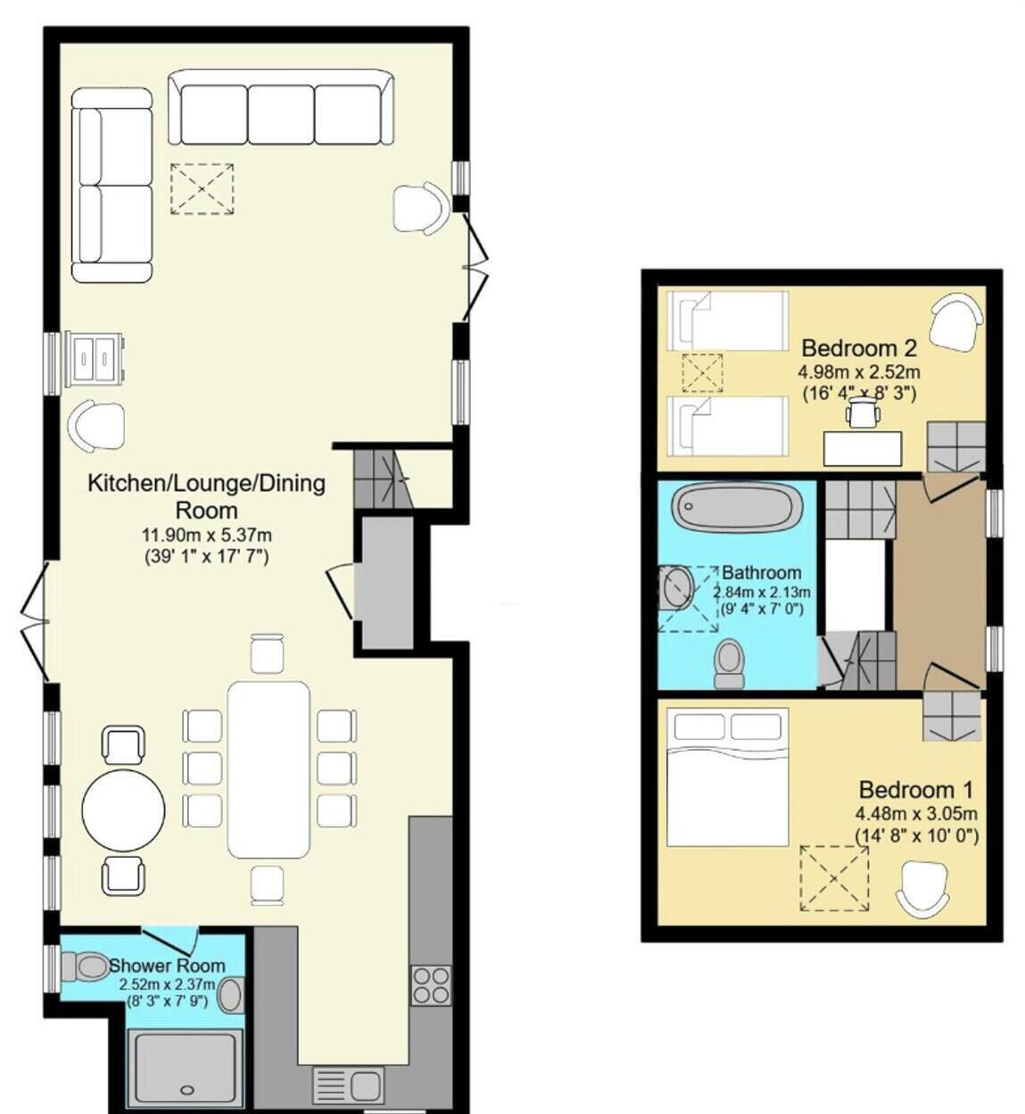 A floor plan with a kitchen/lounge/dining area, two bedrooms, a bathroom, and a shower room on the first floor.