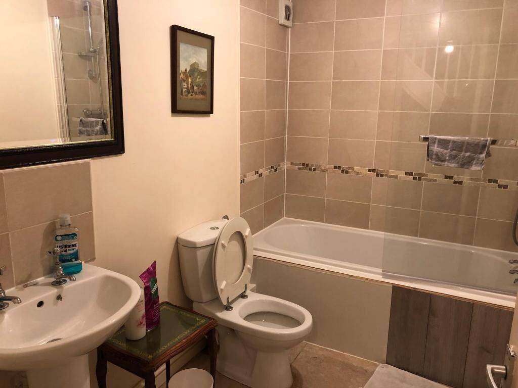 Combined shower/bathtub, hair dryer, towels, soap