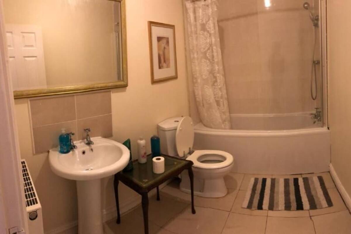 Bañera con ducha, secador de pelo, toallas, jabón