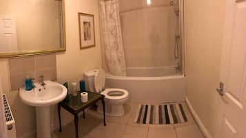 Combined shower/tub, hair dryer, towels, soap