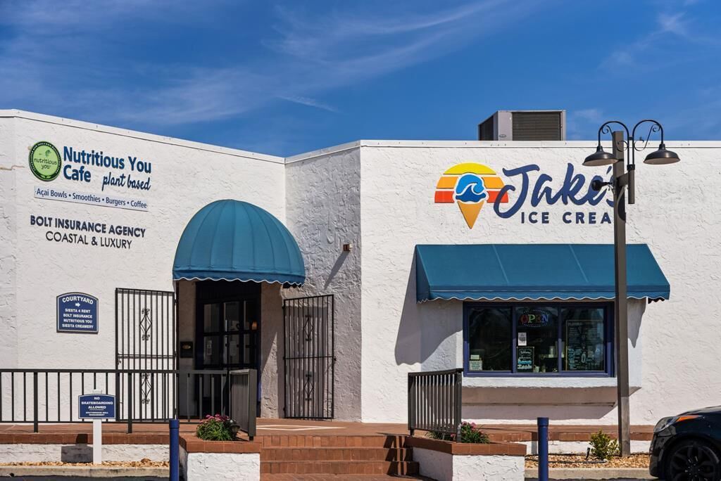 A building with a sign for 'Nutritious You Cafe' and 'Jake's Ice Cream'.