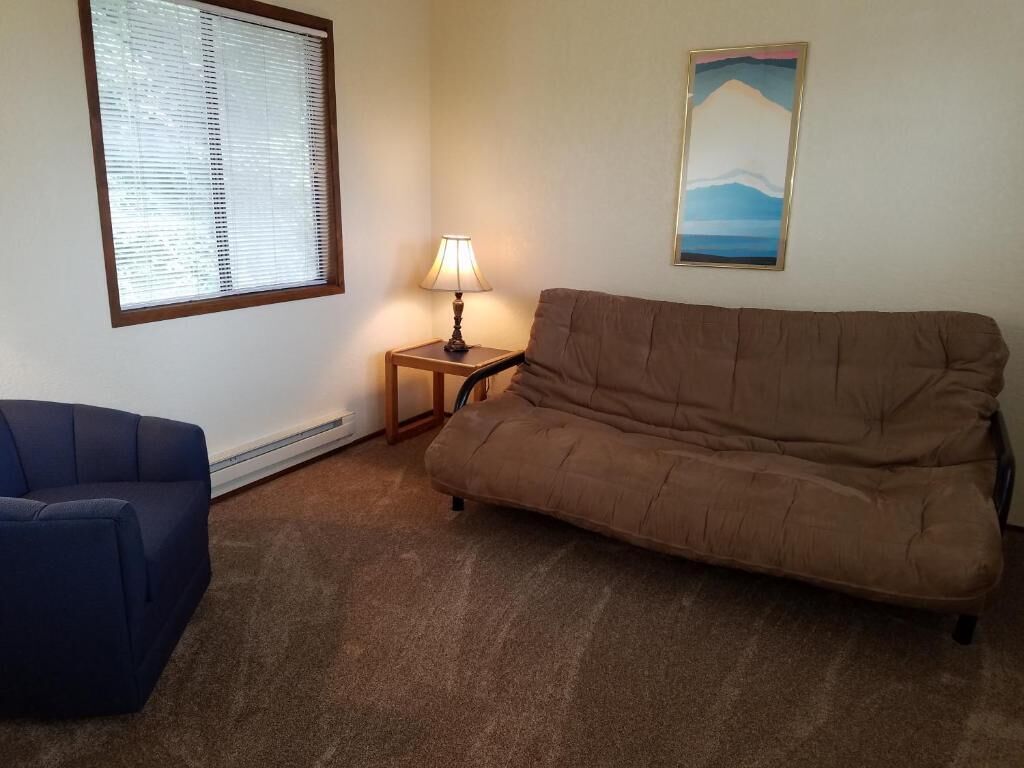 Un salon avec un canapé marron, un fauteuil bleu, une lampe sur une petite table, une fenêtre avec des stores et un tableau au mur.