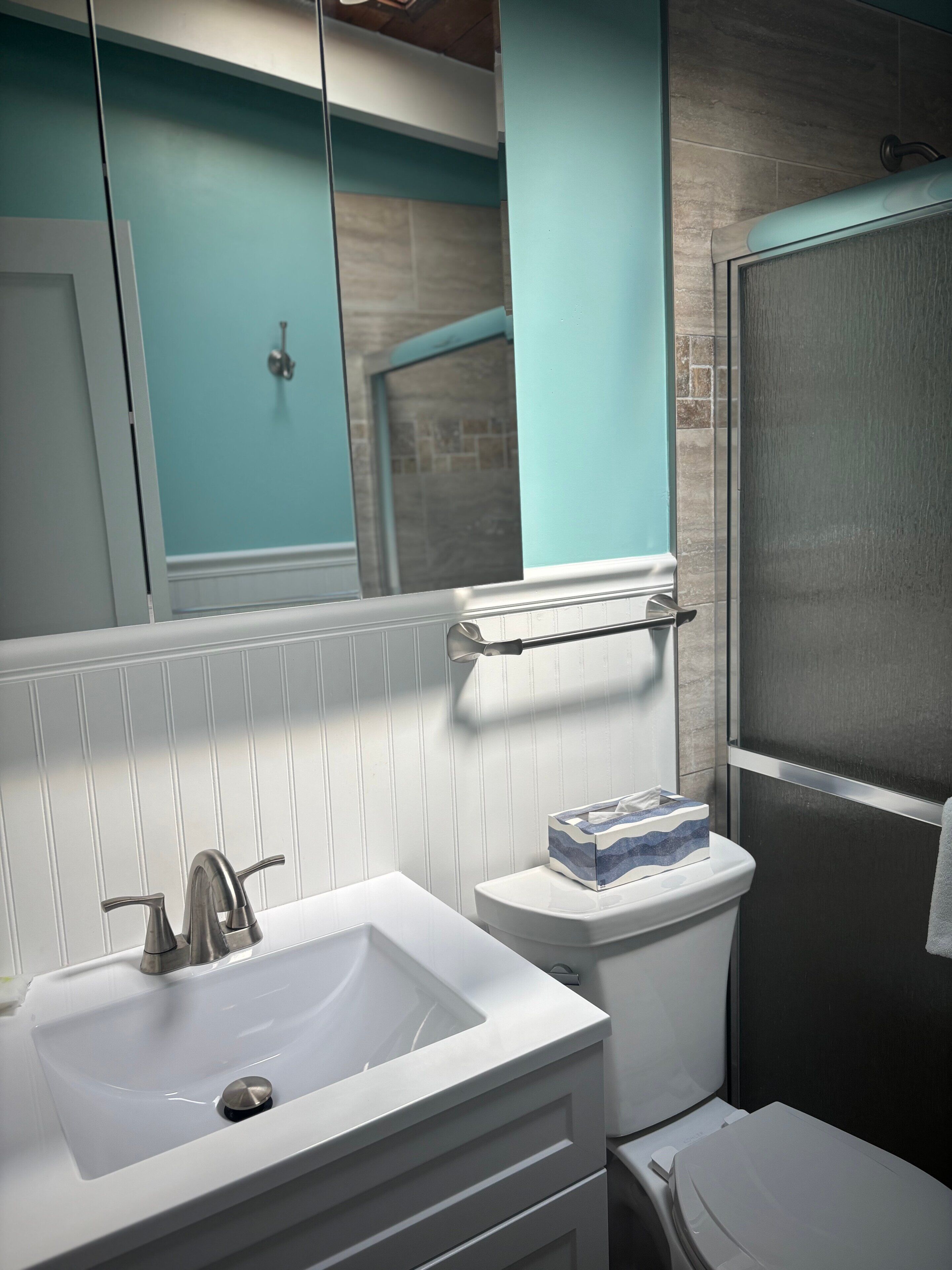 Une salle de bain avec un lavabo blanc, des toilettes, un espace douche et un miroir.