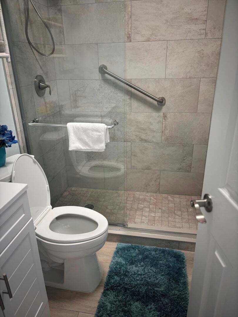 Une salle de bain comprenant des toilettes, une douche avec une porte en verre et un porte-serviettes.