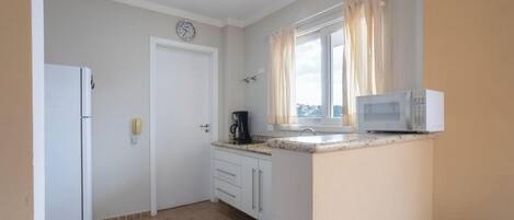 A compact kitchen with a refrigerator, microwave, and a window with curtains.