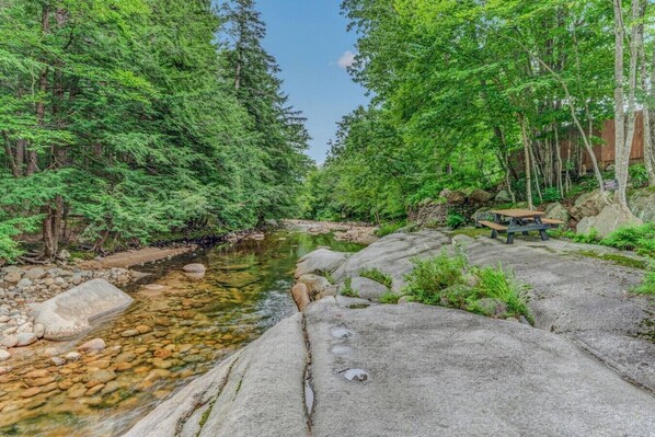 Un cadre naturel caractérisé par un ruisseau aux eaux claires, des rochers et une forêt dense.