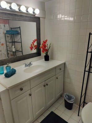Douche, sèche-cheveux, serviettes fournies, savon