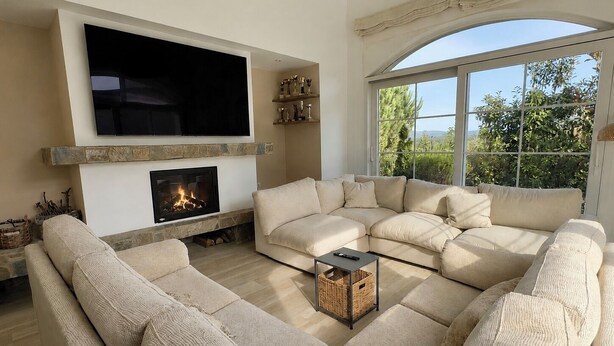 A living room with a sectional sofa, a fireplace, a flat-screen TV, and a large window with a view of greenery.