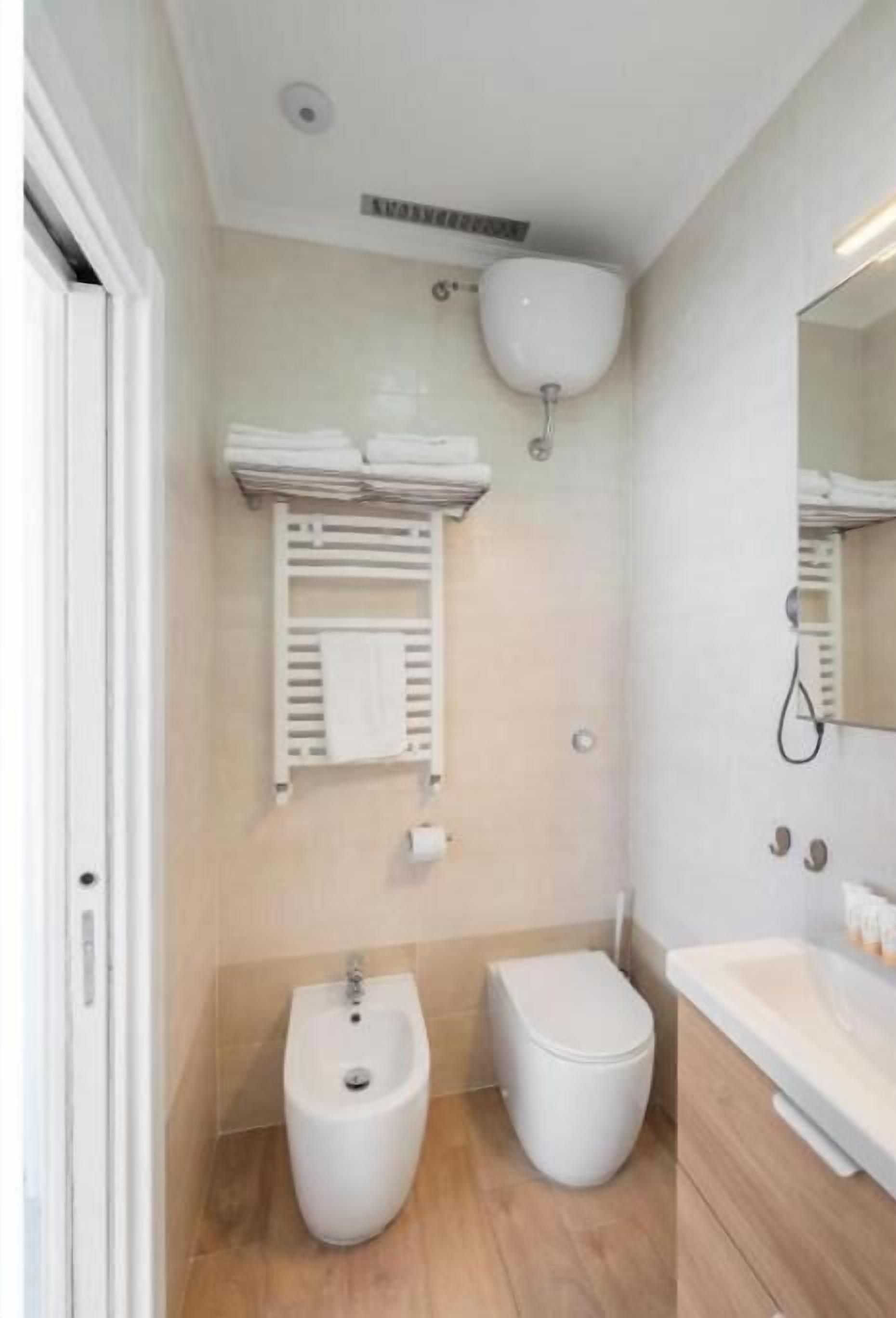 Shower, hair dryer, bidet, towels