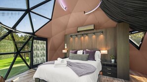 A bedroom with a large skylight, a bed with pillows, a nightstand, and a wall-mounted air conditioning unit. - Evergreen Escape | Private Glass Dome, Sauna & Forest Views (Redmond)