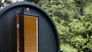 A cylindrical wooden structure with an open door, situated on artificial grass with a fence and trees in the background. - Evergreen Escape | Private Glass Dome, Sauna & Forest Views (Redmond)