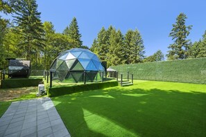 A geodesic dome structure surrounded by a well-maintained lawn and a hedge.