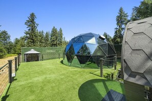 A spherical structure with a reflective surface, surrounded by a fenced area with artificial grass.