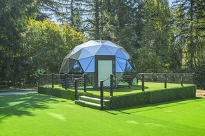 A geodesic dome structure with a door, surrounded by a metal fence and steps leading up to it, set in a green lawn with trees in the background. - Evergreen Escape | Private Glass Dome, Sauna & Forest Views (Redmond)