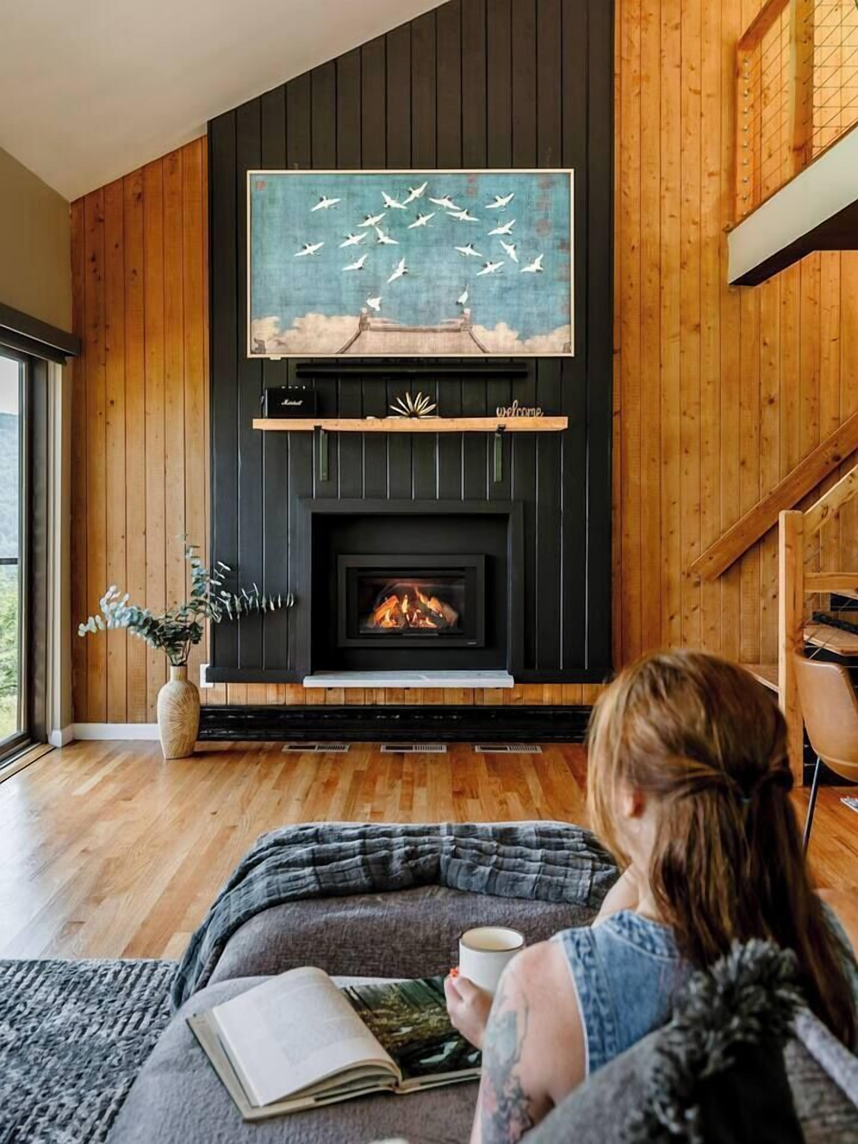 Een gezellige woonkamer met een open haard, houten wanden en een schilderij van vogels.