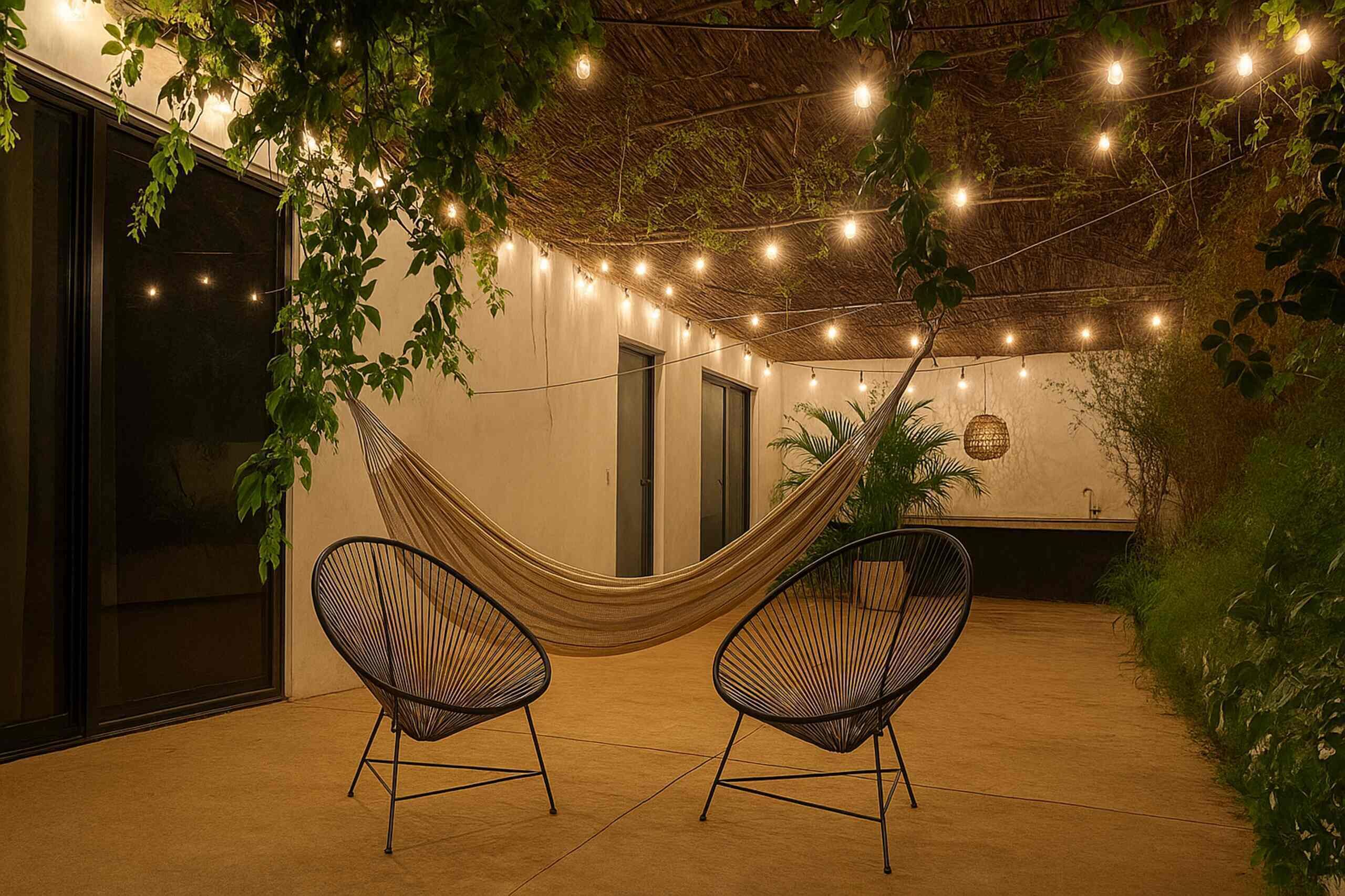 Un hamac tendu entre deux chaises dans un espace extérieur abrité, illuminé de guirlandes lumineuses.