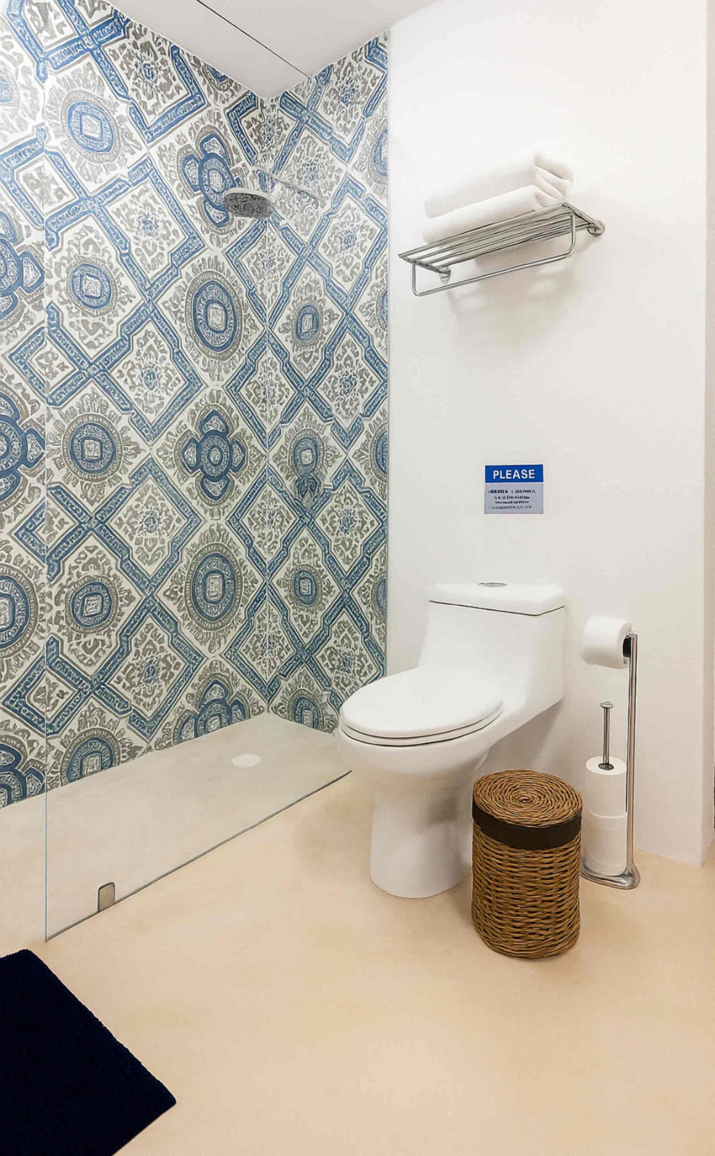 Douche, sèche-cheveux, serviettes fournies, savon