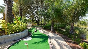 A miniature golf course with a green putting surface, numbered hole 14, surrounded by palm trees and shrubs. - Spacious 4-bedroom Townhome with AC in enchanting Davenport near Disney (Davenport)
