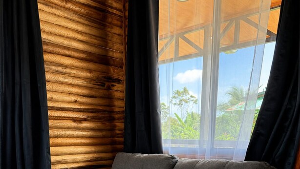 A grey sofa with a remote control on it, positioned in front of a window with sheer curtains, wooden wall paneling, and a view of greenery outside.
