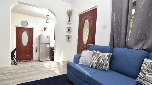 Un salon avec un canapé bleu, un tapis foncé, une porte en bois, un réfrigérateur et une cuisine visible au fond.