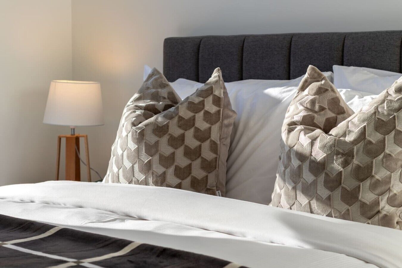 Un letto ben rifatto con cuscini decorati, una lampada da comodino e una testiera scura.