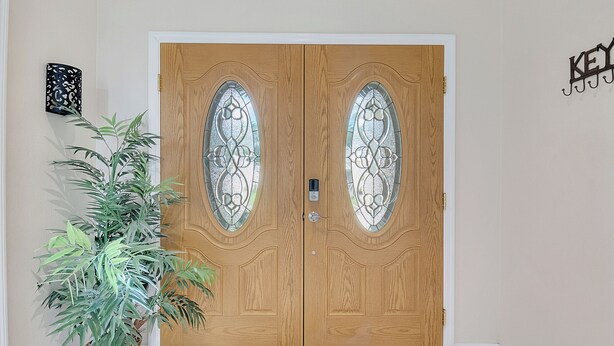 Uma porta dupla de madeira com painéis de vidro, um vaso de planta e um tapete no chão.