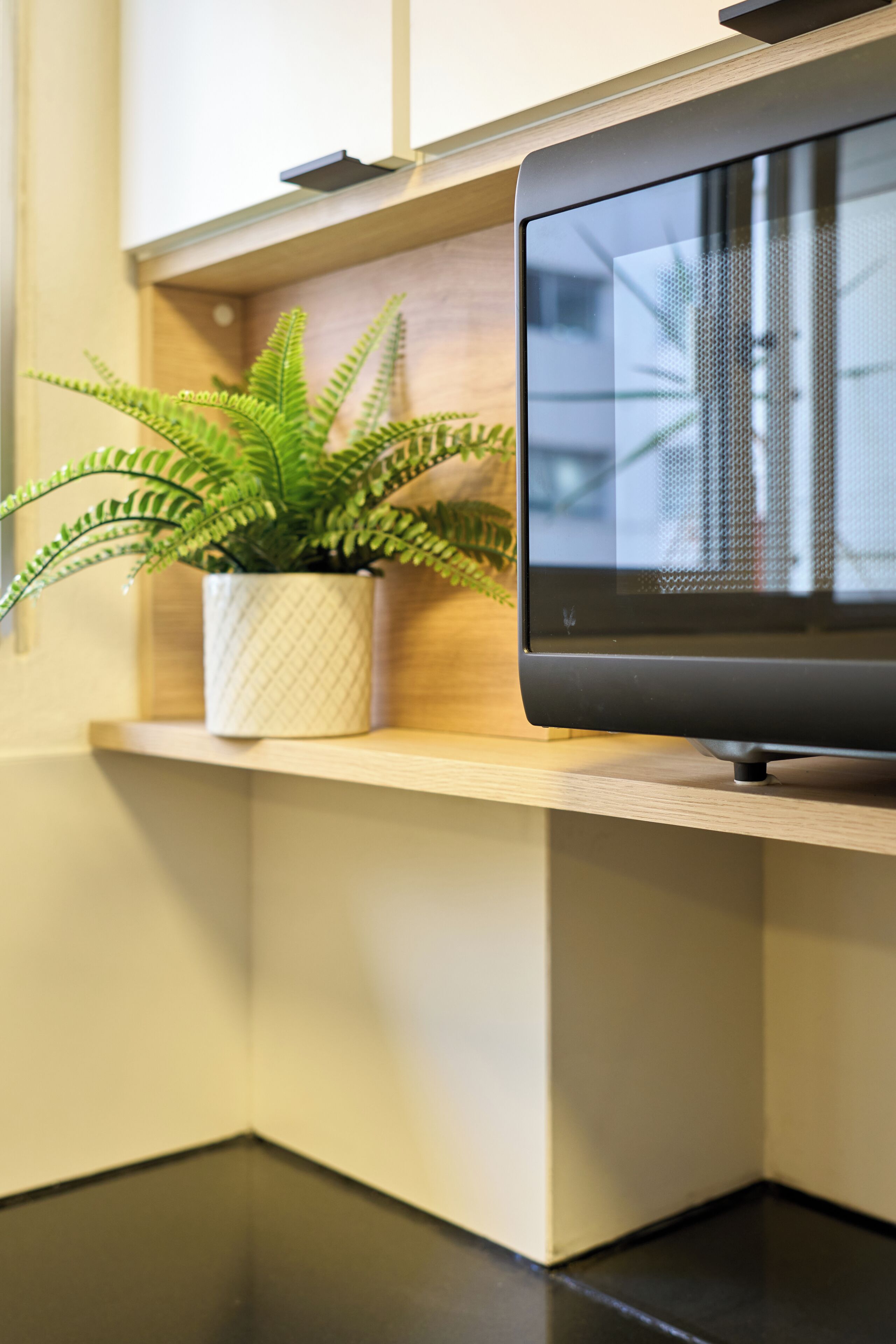A flat-screen TV on a wooden shelf with a potted fern beside it.