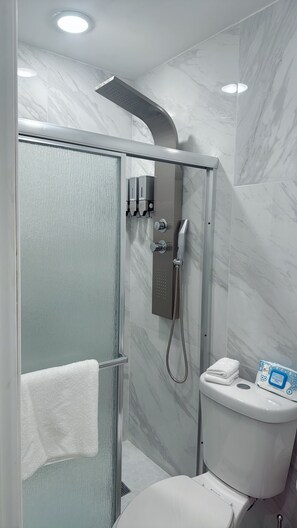 A modern bathroom with a glass-enclosed shower, a toilet, and a towel rack.