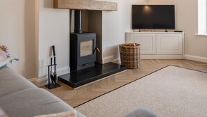 Una sala moderna con chimenea, televisor de pantalla plana y sofá gris.