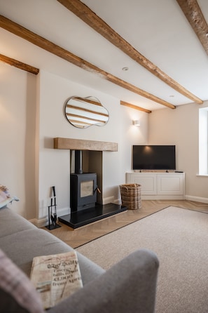 A modern living room with a fireplace, a flat-screen TV, and a grey sofa.