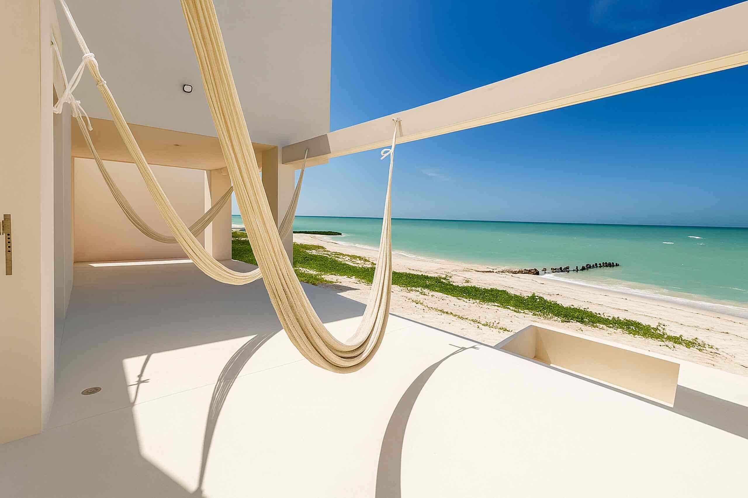A hammock suspended from a balcony overlooking a beach with clear skies.