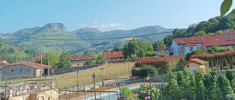 A residential area with houses, a swimming pool, and mountains in the background.