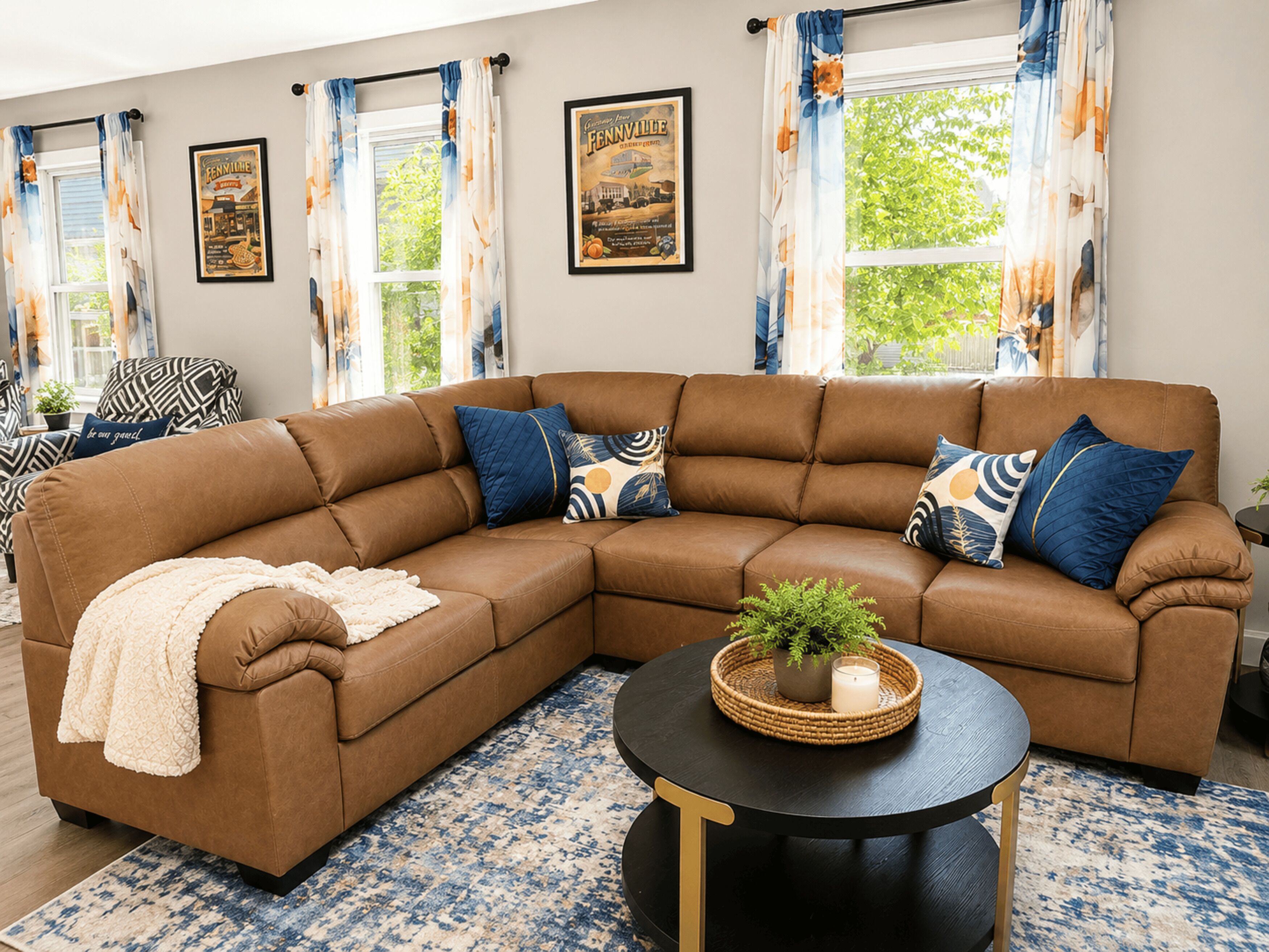 A living room with a brown sectional sofa, patterned cushions, a black coffee table with a plant, and a blue patterned rug.