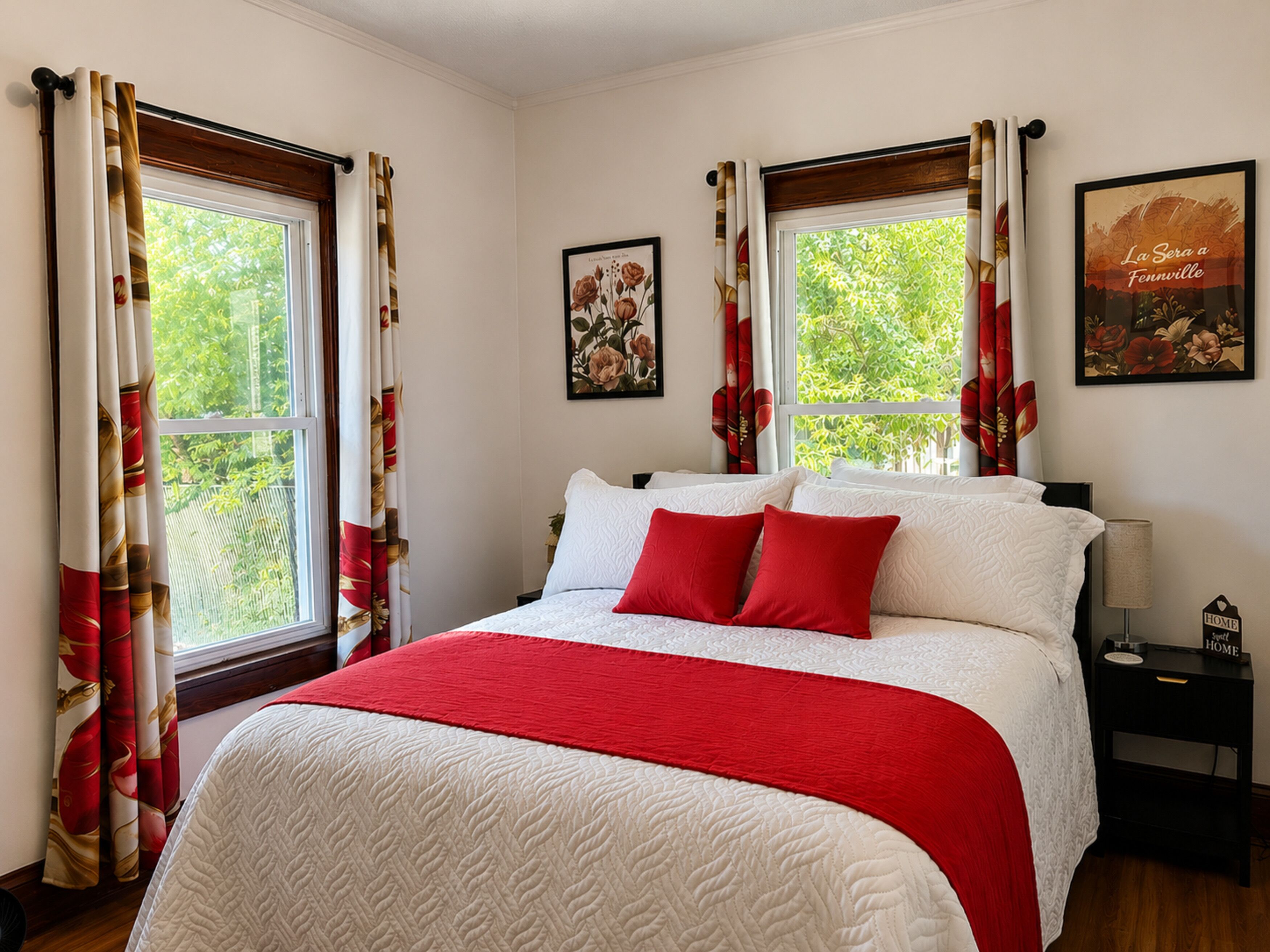 Une chambre à coucher avec un grand lit, une literie rouge et blanche, deux oreillers rouges, une table de chevet avec une lampe et un tableau encadré au mur.
