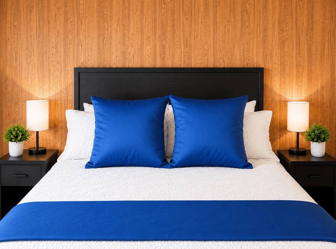 Un lit bien fait, recouvert d’une couvre-lit bleue et blanche, avec deux tables de chevet de chaque côté, sur lesquelles sont posées des lampes et de petites plantes en pot.