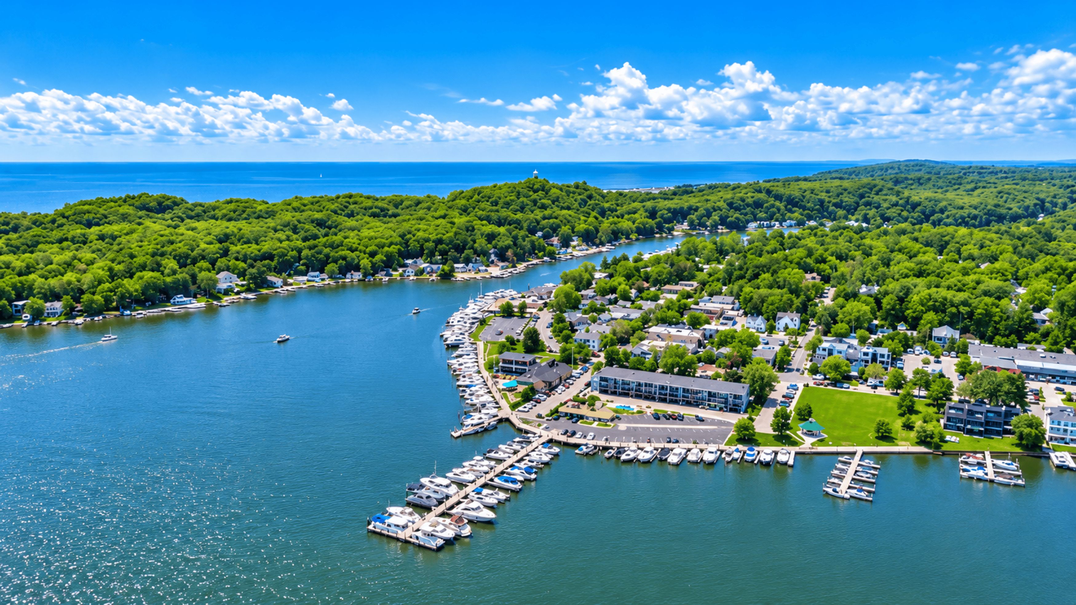 An aerial view of a lakeside community with a marina, residential buildings, and lush greenery.