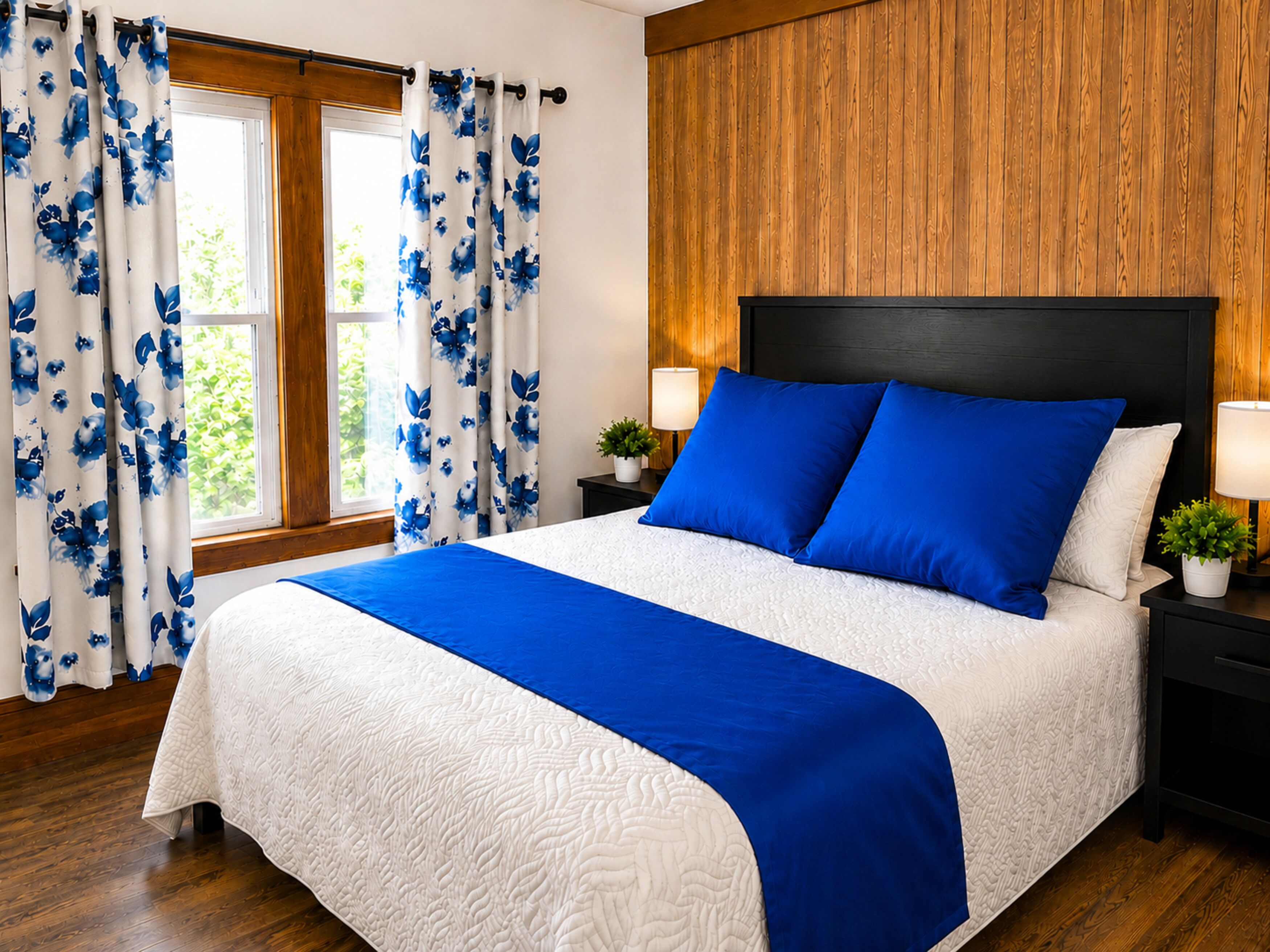 Un dormitorio con una cama grande, cabecera de madera, dos lámparas de noche y un ventanal con cortinas.