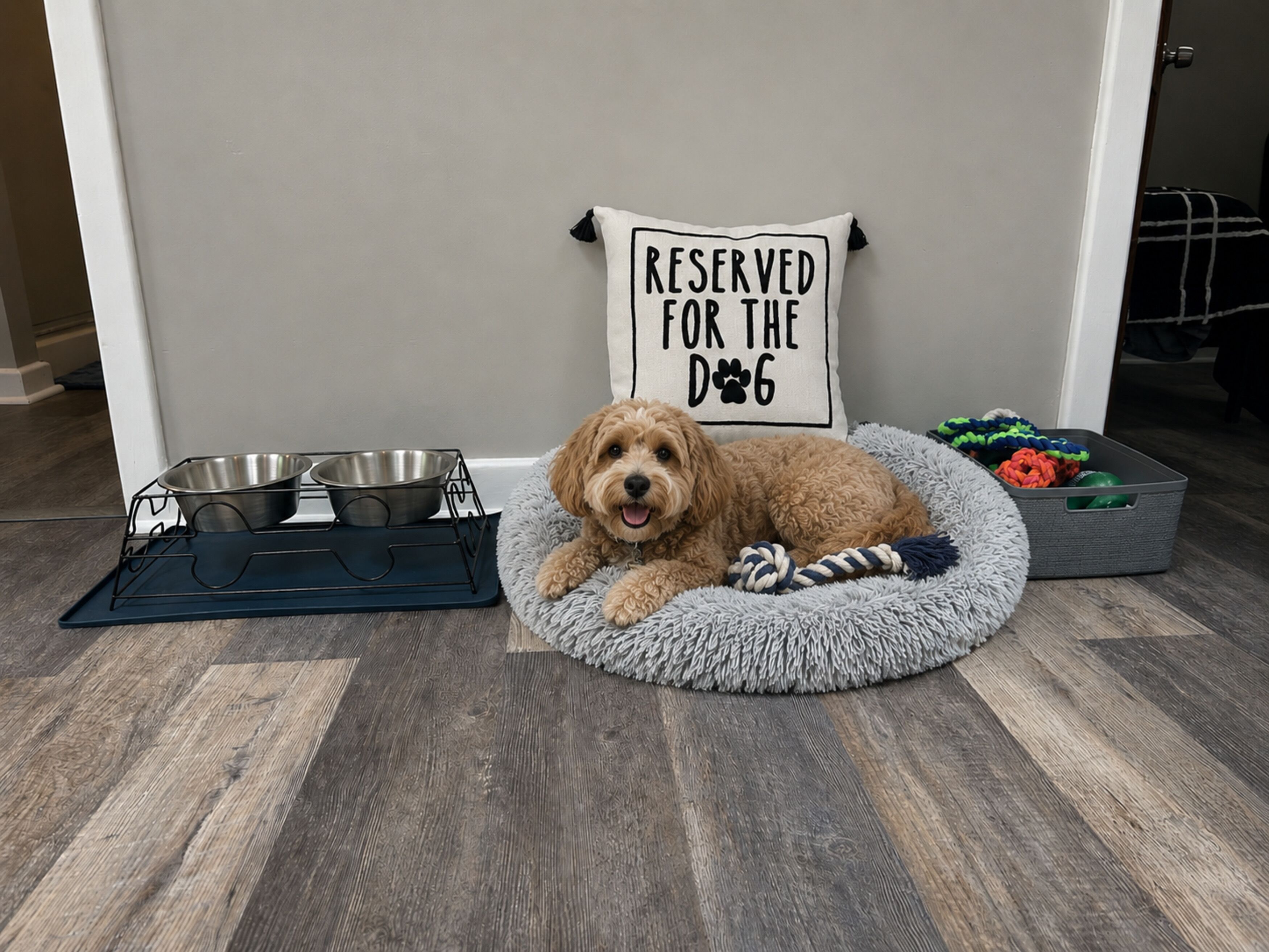 Un chien est allongé sur un coussin pour animaux, avec une gamelle en métal pour la nourriture et un récipient pour l’eau posés sur un tapis. En arrière-plan, on peut voir une pancarte indiquant : « RÉSERVÉ AU CHIEN ».