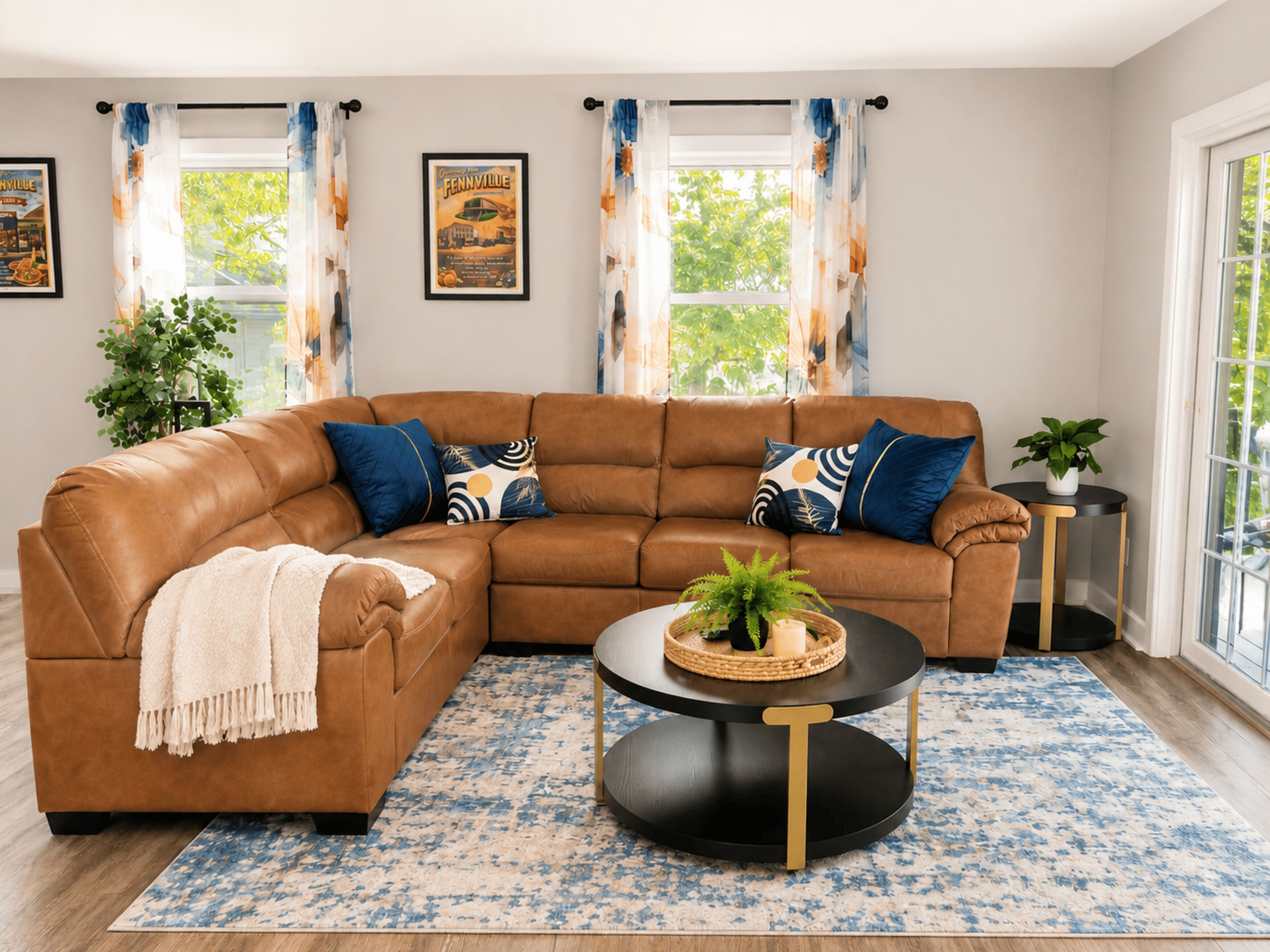 Un salon moderne avec un canapé d’angle marron, une table basse ronde et un tapis à motifs.