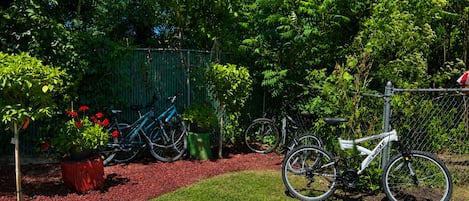 Un jardín con un sendero, una cerca y bicicletas.