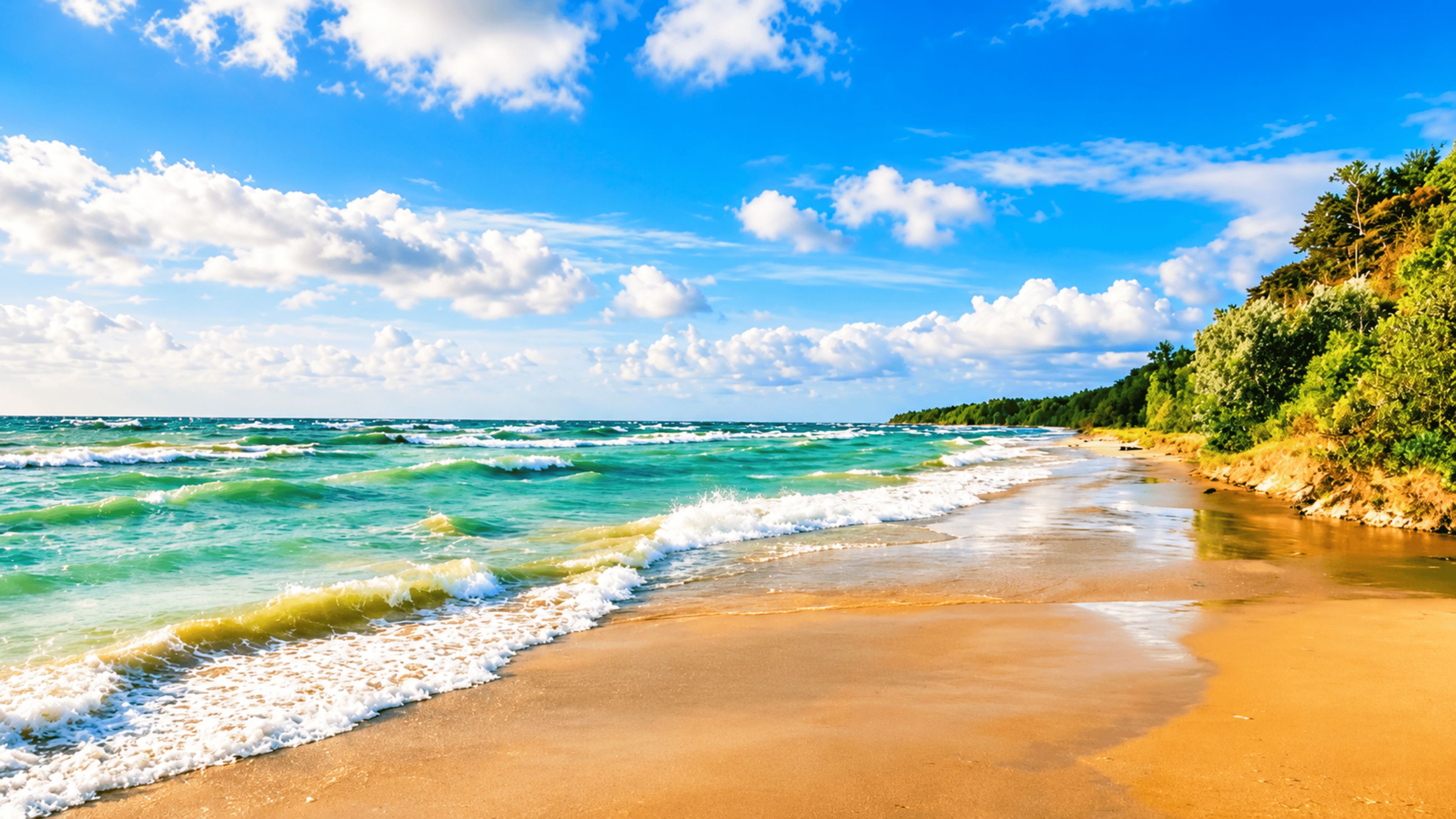 A beach with waves, a clear sky, and a forested area.