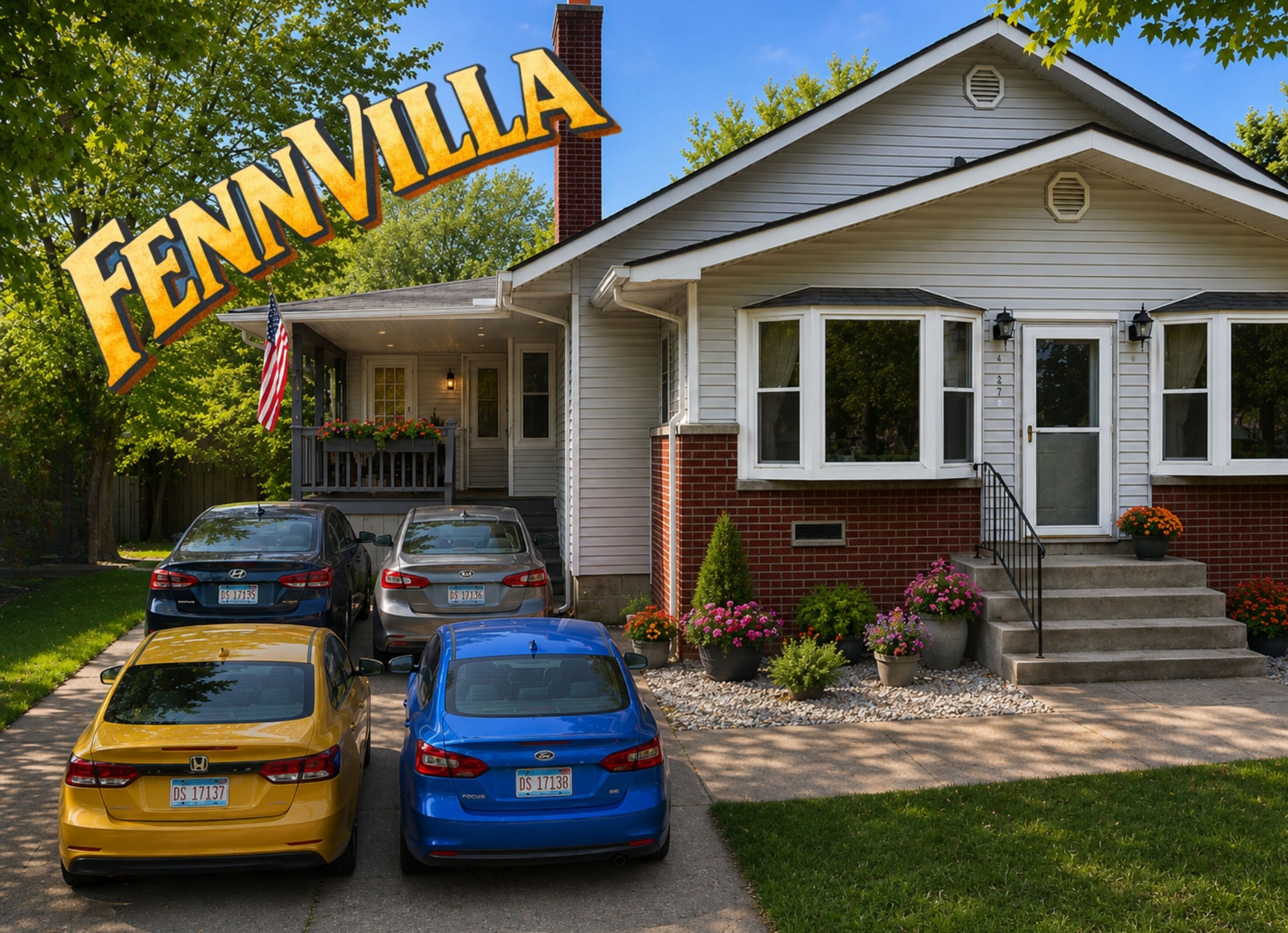 Charming home with lush landscaping, covered porch, and ample parking