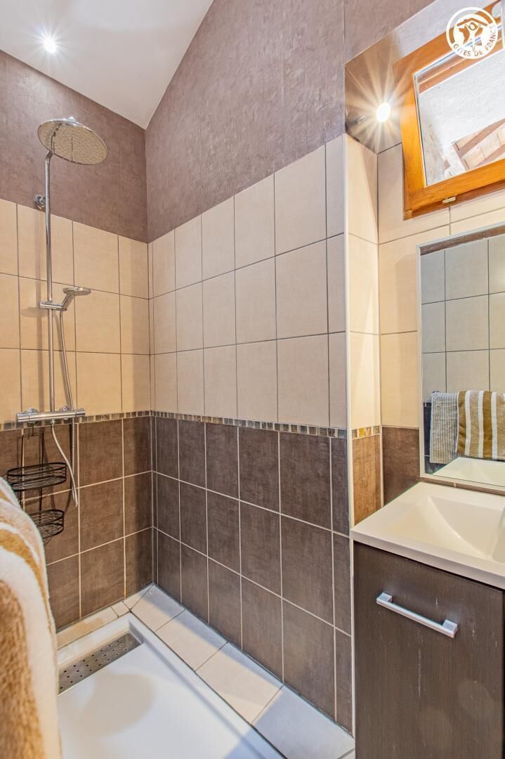 A bathroom with a shower, a sink, and a mirror.